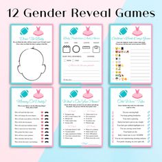 the 12 gender reveal game is shown in blue, pink and white with an image of a