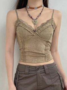 Thrifting Clothes, Khaki Crop Top, 2000s Pop, Top In Pizzo, Lace Trim Cami Top, Backless Cami Top, Backless Halter Top, Crop Pullover, Lace Sleeveless Top