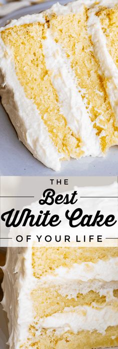 the best white cake of your life is cut into slices and served on a plate