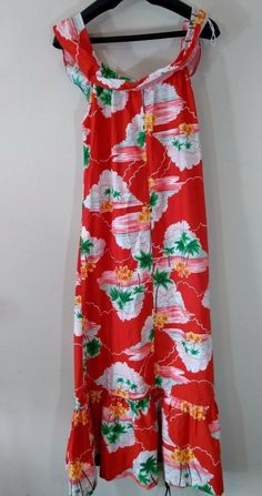 "Hilo Hattie Hawaiian Muumuu Maxi Dress, Palm Trees, Red, Floral, XS, Vintage, Sleeveless, Summer Size XS. Measures approx. 18\" pit to pit and 48\" length. Looks great!" Red Hawaiian Dress For Spring, Red Fitted Beachwear Maxi Dress, Fitted Red Beachwear Maxi Dress, Fitted Red Maxi Dress For Beachwear, Red Tropical Maxi Dress For Beach Season, Red Halter Neck Maxi Dress For Beach Season, Fitted Red Maxi Dress For Beach Season, Red Hawaiian Floral Print Dress, Red Hawaiian Dress With Floral Print