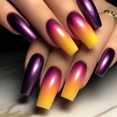 A set of nails featuring a bright gradient from deep purple at the cuticle to golden yellow at the tips. The gradient is seamlessly blended, capturing the essence of a sunrise. The nails are long and square-shaped with a shiny, glossy finish. Summer Nail Looks, Bright Gradient, Halloween Acrylic Nails, Nail Looks, Hippie Nails, Sassy Nails, Mirror Nails, Fancy Nails Designs, Beauty Nails Design