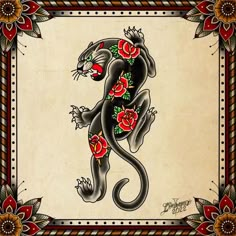 an ornate frame with a black and red dragon tattoo on it's left side