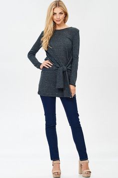 Charcoal Wrapped Sweater - Aunt Lillie Bells Gray Long Sleeve Top For Fall, Gray Fall Long Sleeve Top, Gray Stretch Long Sleeve Top For Fall, Fall Layering Long Sleeve Stretch Top, Fall Layering Stretch Long Sleeve Top, Versatile Long Sleeve Top For Fall Layering, Stretch Knit Long Sleeve Top For Fall, Stretch Long Sleeve Top For Fall Layering, Knit Stretch Long Sleeve Top For Fall