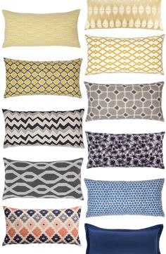 six pillows with different patterns on them, each one in various colors and sizes to choose from