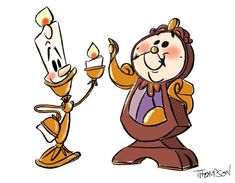 a cartoon character holding a lit candle next to another character wearing a bear suit and hat