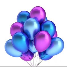 a bunch of blue and purple balloons on a white background