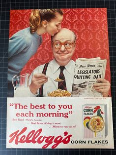 an old advertisement for corn flakes with a man kissing a woman