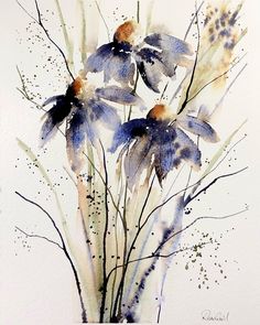 a watercolor painting of blue flowers in a vase on a white background with brown spots