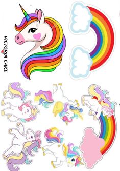 an assortment of stickers with unicorns and rainbows on them, all in different colors