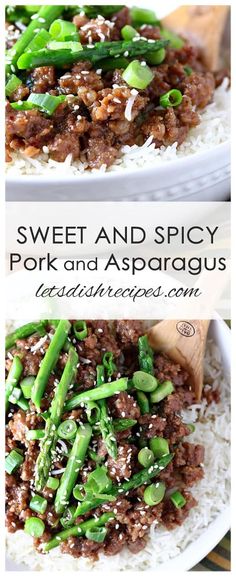 sweet and spicy pork and asparagus on rice