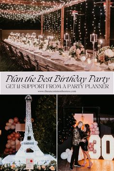 Paris for the Night: the dreamiest birthday party theme idea for your 20s or 30s! This backyard dinner party features a gorgeous string light display over a classy and feminine table setting. The Eiffel Tower ice sculpture is the perfect finishing touch for this party theme! If you're planning a milestone birthday party or any special occasion and need 1:1 virtual party planning support from an expert party planner, be sure to check out my Personal Event Concierge service! Birthday Party Adult, Parisian Birthday Party, Adult Birthday Party Themes, Backyard Dinner, Paris Birthday Parties, Milestone Birthday Party, Parisian Theme