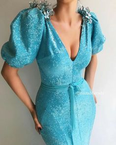 Sequined Merlin Gown – Teuta Matoshi Matoshi Gown, Teuta Matoshi Gown, Teuta Matoshi, Short Puffy Sleeves, Stars Align, Shrug For Dresses, Celestial Blue, Mermaid Sequin, Turquoise Dress