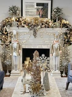 a living room decorated for christmas with gold and silver decorations on the fireplace mantel