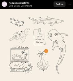 a drawing of various items that are in the ocean, including a shark and an orange ball