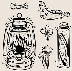 an ink drawing of a lantern and other items