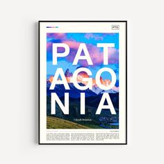 a poster with the words pat agonia in white and blue, against a background of mountains