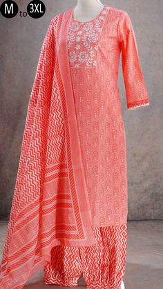 **Product color may have slight variations due to surrounding light** This is a beautiful Salmon Pink Kurti with Indian print all over the Kurti, Afghani-style Salwar Pants and Dupatta. The yoke has lovely white and sequins embroidery. The kurti and pants are also made of Pure Cotton. The sleeves and hem have gota patti borders. It has no lining inside. Kurta has round neck, three-quarter sleeves, straight hem, side slits. This is a beautiful, bright blue color and you will love wearing it on su Unstitched Straight Kurta Suit With Block Print, Cotton Unstitched Suit With Traditional Patterns, Fitted Cotton Salwar Kameez With Traditional Patterns, Afghani Pants, Ethnic Wear Women, Pink Kurti, Salwar Pants, Dress Pakistani, Bollywood Dress