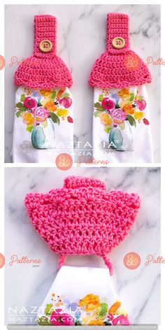 crocheted flower pot holders are shown in three different colors and sizes, one is pink