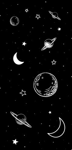 the stars and planets are drawn in black ink on a dark background with white outlines