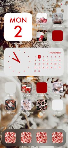 the calendar is displayed with red and white squares on it's side, as well as other images