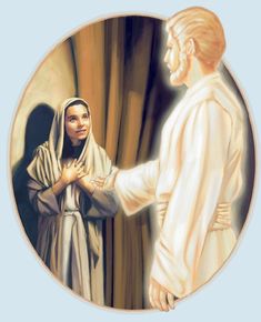 a painting of jesus and a woman in front of curtains with their hands clasped together