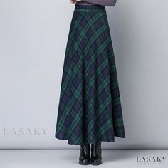 Lasaky - Stylish High-Waisted Plaid A-Line Skirt with a Long Flared Hemline Non-stretch Green Winter Skirt, Non-stretch Green Skirt For Winter, Winter Non-stretch Green Skirt, Winter Green Non-stretch Skirt, Green Fitted Maxi Skirt For Winter, Fitted Green Maxi Skirt For Winter, Plaid Midi Skirt, Faux Fur Material, Skirts Midi High Waisted