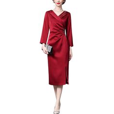 Color/Pattern: Wine Red Approximately 44.5in From Shoulder To Hem 100% Polyester Hand Wash Imported Elegant Half Sleeve Midi Dress For Fall, Elegant Fall Half Sleeve Midi Dress, Red Long Sleeve Midi Dress For Dinner, Formal Midi Dress With 3/4 Sleeve, Red 3/4 Sleeve Midi Dress For Fall, Elegant Half Sleeve Dinner Dress, Red 3/4 Sleeve Dress For Work, Elegant Red Midi Dress With 3/4 Sleeves, Red Midi Dress With 3/4 Sleeves For Fall