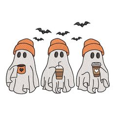 three ghost with coffee cups and bats flying in the sky, one is wearing an orange hat