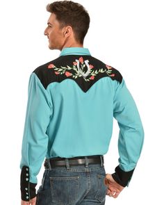 Scully Men's Horseshoe Rose Embroidered Long Sleeve Shirt, Turquoise Cowboy Shirts For Men, Rose Shirts, Western Jacket, Shirt Embroidery, Vintage Western, Floral Shirt, Western Outfits, Vintage Men