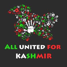 the words all united for kashmir written in colorful handprints on a black background