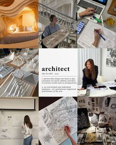 a collage of architectural drawings and people working on laptops in a room with white walls