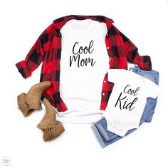 "Are you looking for the perfect Gifts For Mom? These matching Mother and Son / Daughter \"Cool Mom\" and \"Cool Kid\" t-shirts will be sure to bring a smile to Mom's face! *DISCLAIMER: This listing is for 1 set of (2) matching t-shirts. All accessories and/or props shown in this photo and are not included with your order. Details: * Adult T-Shirts are Unisex 50/50 Poly Cotton * Child sizes are 100% Preshrunk Cotton * Designs are screen printed directly on to the garment itself and made to last Matching Mother Daughter Outfits, Mother Daughter Shirts, Friend Shirts, Mommy And Me Shirts, Cricut Inspiration, Sublimacion Ideas, Daughter Outfits, Shirt Transfers, Mother Daughter Matching Outfits