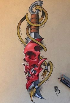 a drawing of a dagger with a skull and snake wrapped around it's head