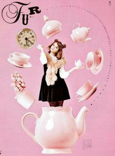 a woman in a black dress is surrounded by teapots and other items on a pink background