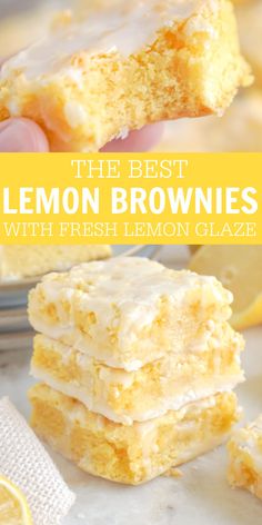 the best lemon brownies with fresh lemon glaze are stacked on top of each other