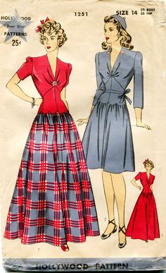 Hollywood 1251, ca. 1943. Dress Pattern Vintage, 1940s Dress Pattern, Floor Length Evening Dress, Vintage Clothes Patterns, 1940s Outfits, 1940's Fashion, Sewing Pattern Vintage