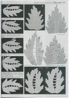 the instructions for crocheted leaves are shown in black and white, with an image of