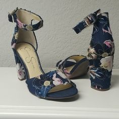 Nwob Adorable Ankle Straps With A 3 1/4" Block Heel. Adjustable Buckle. Memory Foam Midsoul. Frayed Floral Look Material Looks Adorable Under Jeans. Never Worn. Blue Ankle-high Heels For Summer, Casual Block Heels With Floral Print, Synthetic Floral Print Ankle Strap Heels, Blue Fabric Sandals With Round Toe, Blue Fabric Round Toe Sandals, Blue Open Toe Fabric Heels, Blue Fabric Open Toe Heels, Blue Heels With Floral Print And Round Toe, Blue Floral Print Heels With Round Toe