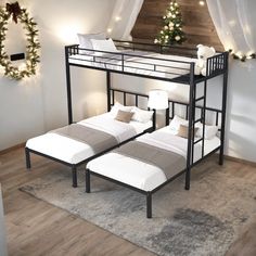 a bunk bed with two beds underneath it and christmas lights on the wall behind it