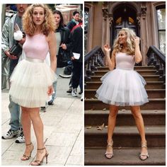 two different pictures of women in dresses on the street