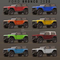 four different colored jeeps are shown in this image, with the words ford bronco on