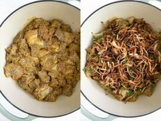 two bowls filled with different types of food in each bowl, one containing meat and the other containing noodles