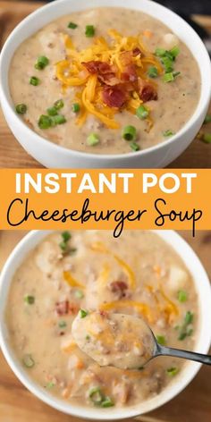 two bowls of instant pot cheeseburger soup on a wooden table with text overlay