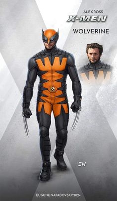 an orange and black wolverine costume is shown in front of a white background with the words wolverine