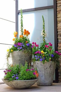 three cement planters filled with colorful flowers