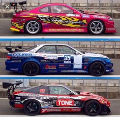 three different cars with racing liverys on them