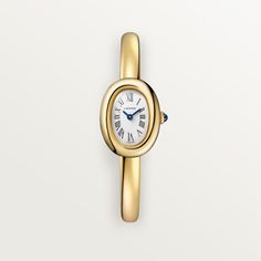 Cartier - Baignoire watch - Watch  - Baignoire de Cartier watch, mini model, size 15, quartz movement. 18K yellow gold (750/1000) case. 18K yellow gold (750/1000) beaded crown set with a sapphire cabochon. 18K yellow gold (750/1000) rigid bracelet. Silvered dial, blued-steel sword-shaped hands, sapphire crystal. Length: 24.6 mm, width: 18.7 mm, thickness: 7.2 mm. Water-resistant up to 3 bar (approx. 30 meters). Yellow Gold Watches With Chronometer And Rectangular Dial, Luxury Yellow Gold Watch With Rectangular Dial, Formal Yellow Gold Quartz Watch, Timeless Yellow Gold Watch With Rectangular Dial, Elegant 14k Gold Watches For Evening, Elegant 14k Gold Evening Watches, Elegant Evening 14k Gold Watches, Cartier Gold Watch With Rectangular Dial, Gold Cartier Watch With Rectangular Dial