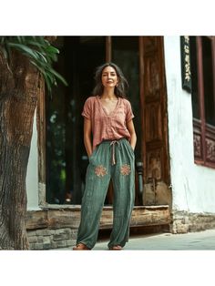 Women's Elegant Bottoms, Women's Linen Bohemian Wide-leg Trousers Casual Boho Print Pants For Vacation, Casual Boho Print Pants, Casual Boho Print Bottoms For Beach, Casual Boho Print Festival Pants, Casual Boho Print Pants For Festivals, Casual Boho Print Pants For Spring, Bohemian Relaxed Fit Harem Pants, Bohemian Style Relaxed Fit Bottoms, Casual Boho Print Wide Leg Harem Pants