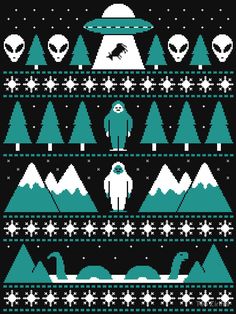 an alien christmas sweater with snow and mountains in the background, as well as aliens