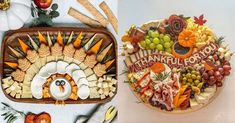 an assortment of cheeses, fruits and vegetables arranged in a turkey shaped platter